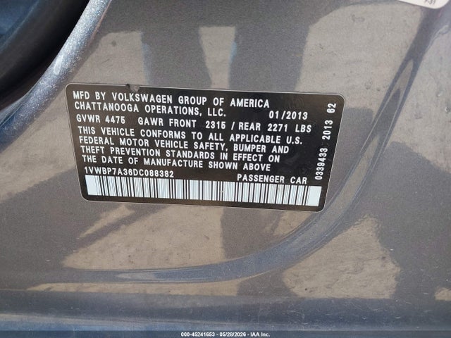 Продаж на аукціоні авто 2013 Volkswagen Passat 2.5l Se, vin: 1VWBP7A36DC088382, номер лоту: 45241653