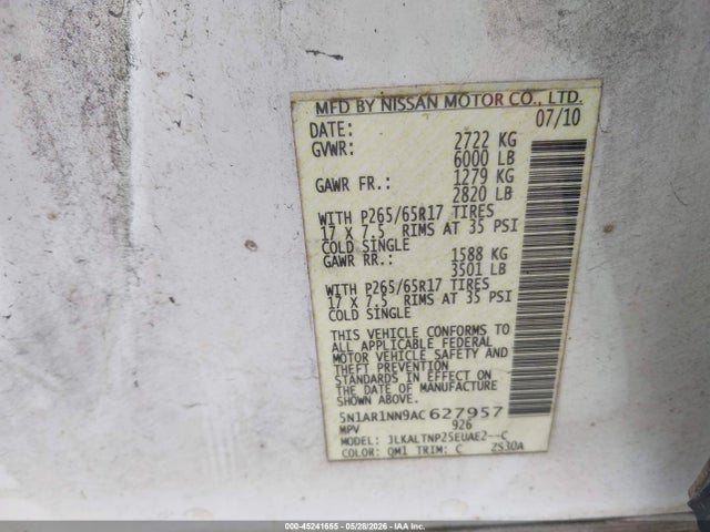 Aukcja sprzedaży 2010 Nissan Pathfinder Se, vin: 5N1AR1NN9AC627957, numer aukcji: 45241655
