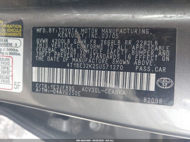 Продаж на аукціоні авто 2005 Toyota Camry Le, vin: 4T1BE32K25U571270, номер лоту: 45241669
