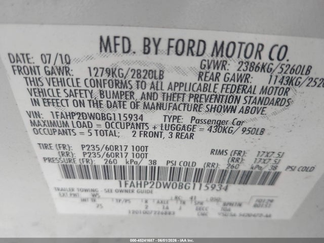 Aukcja sprzedaży 2011 Ford Taurus Se, vin: 1FAHP2DW0BG115934, numer aukcji: 45241687