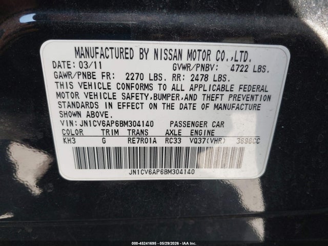 45241695 :رقم المزاد ، JN1CV6AP6BM304140 vin ، 2011 Infiniti G37 Journey مزاد بيع