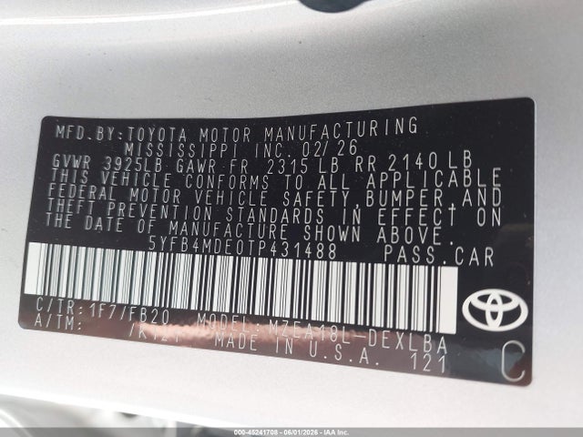 Aukcja sprzedaży 2026 Toyota Corolla Le, vin: 5YFB4MDE0TP431488, numer aukcji: 45241708