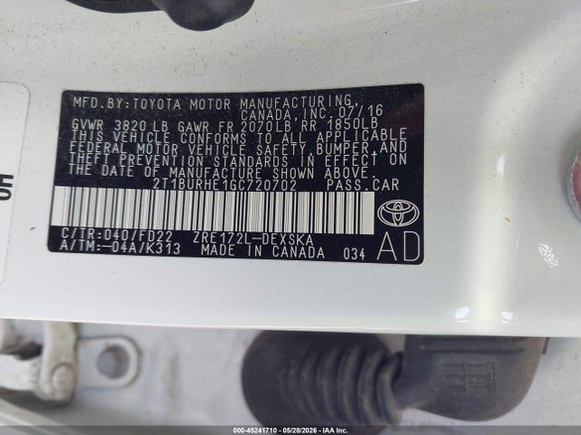 45241710 :رقم المزاد ، 2T1BURHE1GC720702 vin ، 2016 Toyota Corolla S Plus مزاد بيع