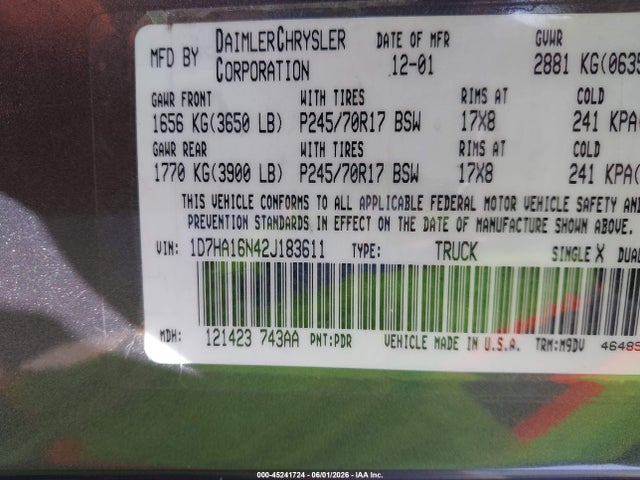 45241724 :رقم المزاد ، 1D7HA16N42J183611 vin ، 2002 Dodge Ram 1500 St مزاد بيع