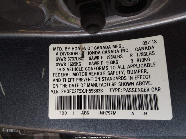 Honda Civic Lx 2018 2HGFC2F5XJH598838 Image 9