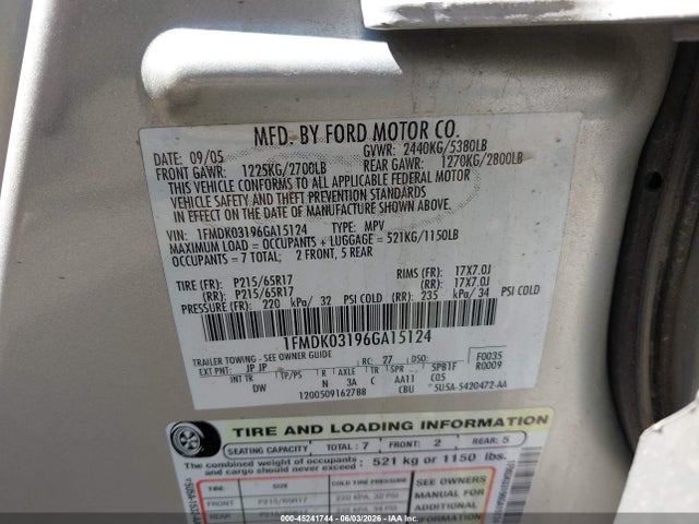 45241744 :رقم المزاد ، 1FMDK03196GA15124 vin ، 2006 Ford Freestyle Limited مزاد بيع