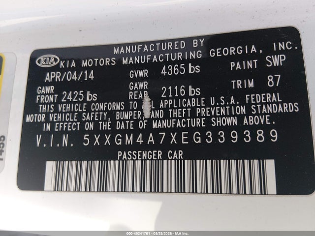 45241761 :رقم المزاد ، 5XXGM4A7XEG339389 vin ، 2014 Kia Optima Lx مزاد بيع