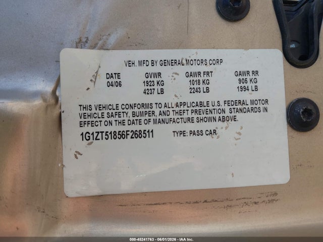 Продажа на аукционе авто 2006 Chevrolet Malibu Lt, vin: 1G1ZT51856F268511, номер лота: 45241763