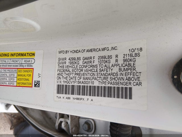 1HGCV1F15KA003110 Honda ACCORD LX