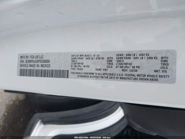 45241804 :رقم المزاد ، 3C6MRVJG8PE536655 vin ، 2023 Ram Promaster 3500 Cargo Van High Roof 159 Wb Ext مزاد بيع