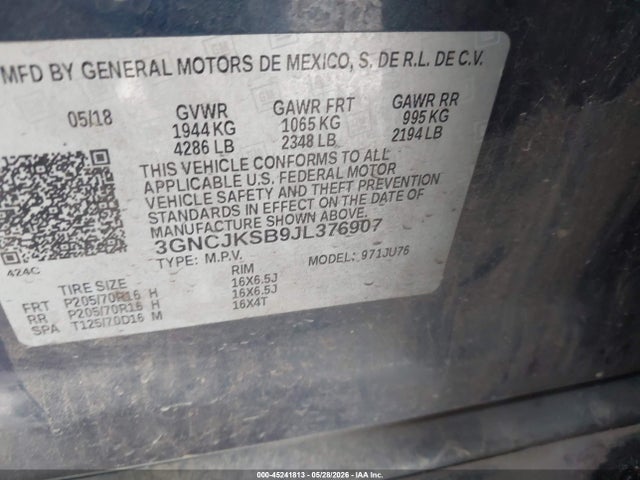 45241813 :رقم المزاد ، 3GNCJKSB9JL376907 vin ، 2018 Chevrolet Trax Ls مزاد بيع