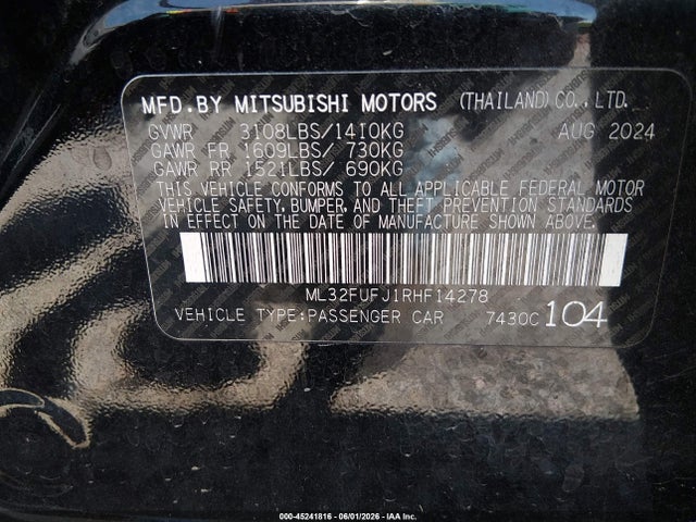 Продаж на аукціоні авто 2024 Mitsubishi Mirage G4 Le, vin: ML32FUFJ1RHF14278, номер лоту: 45241816