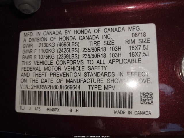 Aukcja sprzedaży 2018 Honda Cr-v Ex-l/ex-l Navi, vin: 2HKRW2H80JH669644, numer aukcji: 45241818