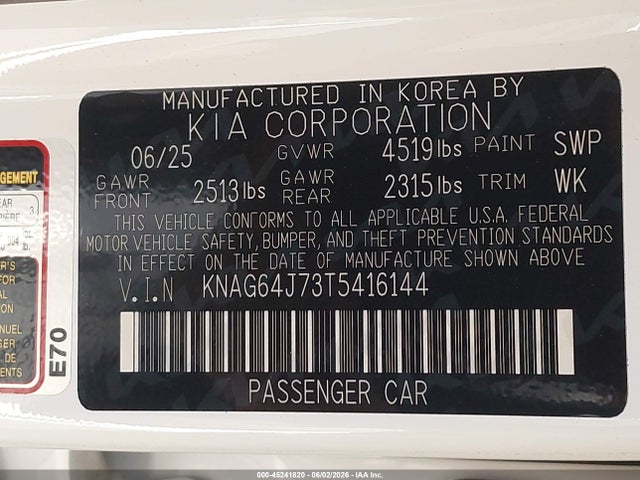 2026 Kia K5 Gt-line Awd მანქანა იყიდება აუქციონზე, vin: KNAG64J73T5416144, აუქციონის ნომერი: 45241820
