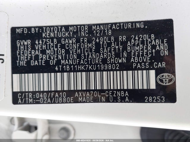 4T1B11HK7KU199802 Toyota CAMRY LE