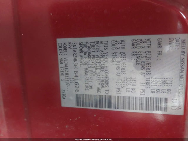 Aukcja sprzedaży 2014 Nissan Pathfinder Sv, vin: 5N1AR2MN5EC641626, numer aukcji: 45241850