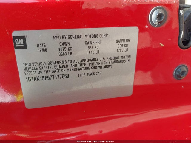 Продажа на аукционе авто 2007 Chevrolet Cobalt Ls, vin: 1G1AK15F577177560, номер лота: 45241866