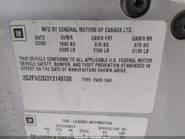 Auction sale of the 2000 Pontiac Firebird Trans Am, vin: 2G2FV22G3Y2149728, lot number: 45241867