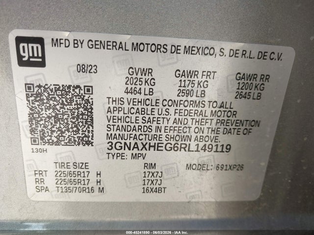 45241890 :رقم المزاد ، 3GNAXHEG6RL149119 vin ، 2024 Chevrolet Equinox Fwd Ls مزاد بيع