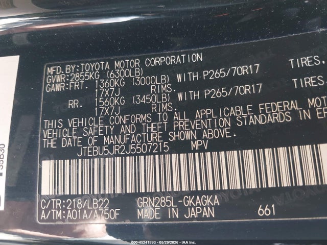 JTEBU5JR2J5507215 Toyota 4runner Sr5 Premium