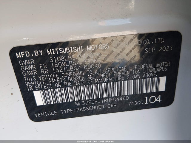 2024 Mitsubishi Mirage G4 Le მანქანა იყიდება აუქციონზე, vin: ML32FUFJ1RHF04480, აუქციონის ნომერი: 45241918