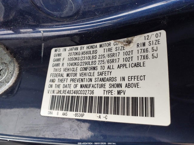 Aukcja sprzedaży 2008 Honda Cr-v Lx, vin: JHLRE48348C032736, numer aukcji: 45241924