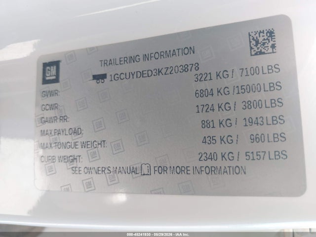 Продаж на аукціоні авто 2019 Chevrolet Silverado 1500 Lt, vin: 1GCUYDED3KZ203878, номер лоту: 45241930