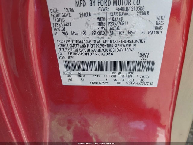 Продажа на аукционе авто 2007 Ford Escape Limited, vin: 1FMCU94107KC02954, номер лота: 45241947