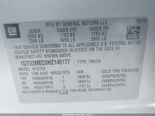 Auction sale of the 2017 Gmc Sierra 1500 Sle, vin: 1GTV2MEC8HZ146177, lot number: 45241950