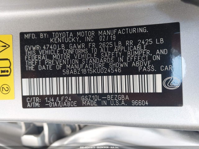 2019 Lexus Es 350 F Sport მანქანა იყიდება აუქციონზე, vin: 58ABZ1B15KU024546, აუქციონის ნომერი: 45241973