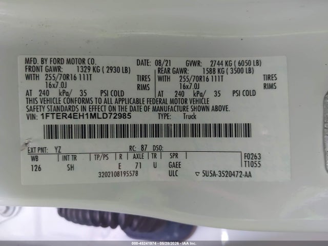 Ford RANGER XL 2021 1FTER4EH1MLD72985 Image 9