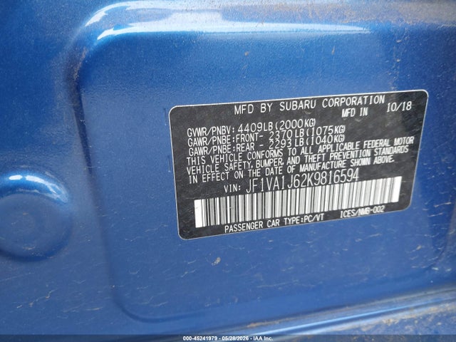 Subaru Wrx Limited 2019 JF1VA1J62K9816594 Image 9