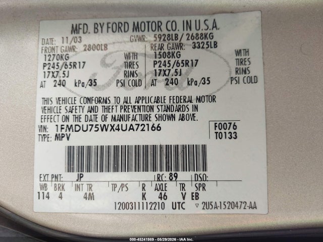 45241989 :رقم المزاد ، 1FMDU75WX4UA72166 vin ، 2004 Ford Explorer Limited مزاد بيع