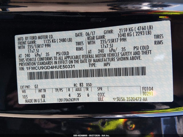 Aukcja sprzedaży 2017 Ford Escape Se, vin: 1FMCU9GD4HUE50331, numer aukcji: 45242003
