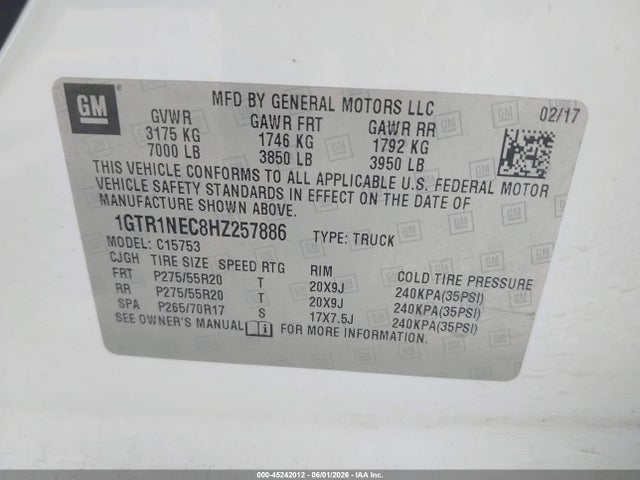 Aukcja sprzedaży 2017 Gmc Sierra 1500 Slt, vin: 1GTR1NEC8HZ257886, numer aukcji: 45242012