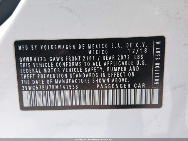 2019 Volkswagen Jetta 1.4t R-line/1.4t S/1.4t Se მანქანა იყიდება აუქციონზე, vin: 3VWC57BU7KM141538, აუქციონის ნომერი: 45242020