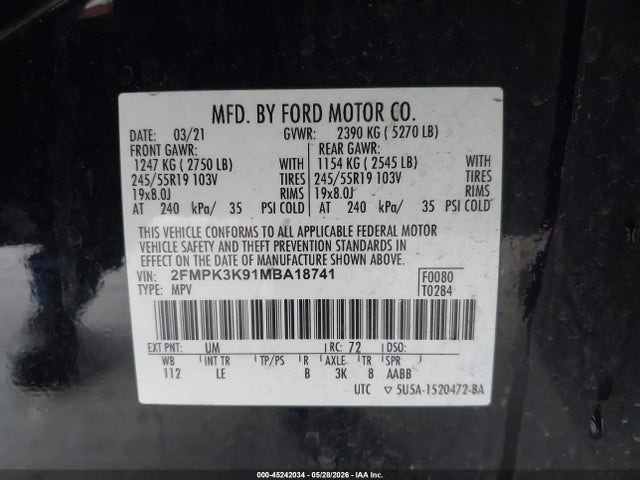 Aukcja sprzedaży 2021 Ford Edge Titanium, vin: 2FMPK3K91MBA18741, numer aukcji: 45242034