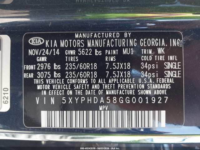 45242039 :رقم المزاد ، 5XYPHDA58GG001927 vin ، 2016 Kia Sorento 3.3l Ex مزاد بيع