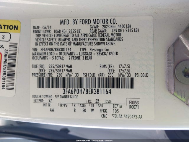 Aukcja sprzedaży 2014 Ford Fusion Se, vin: 3FA6P0H78ER381164, numer aukcji: 45242045