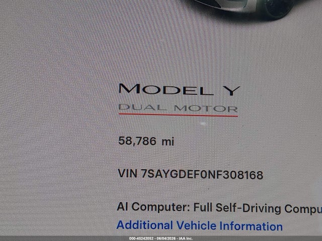 2022 Tesla Model Y Performance Dual Motor All-wheel Drive მანქანა იყიდება აუქციონზე, vin: 7SAYGDEF0NF308168, აუქციონის ნომერი: 45242052