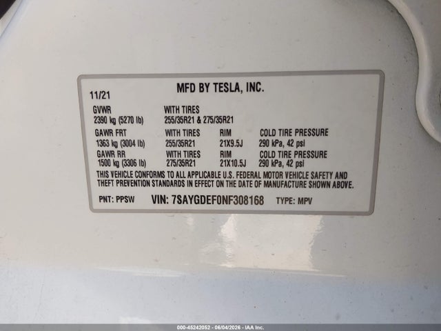 2022 Tesla Model Y Performance Dual Motor All-wheel Drive მანქანა იყიდება აუქციონზე, vin: 7SAYGDEF0NF308168, აუქციონის ნომერი: 45242052