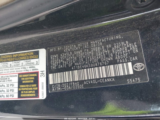 Auction sale of the 2009 Toyota Camry Le, vin: 4T1BE46K59U876767, lot number: 45242055