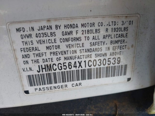 Aukcja sprzedaży 2001 Honda Accord 2.3 Lx, vin: JHMCG564X1C030539, numer aukcji: 45242072