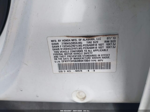Продаж на аукціоні авто 2013 Honda Pilot Ex-l, vin: 5FNYF3H56DB041064, номер лоту: 45242087