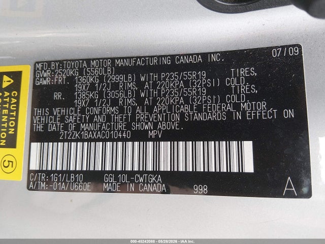 45242088 :رقم المزاد ، 2T2ZK1BAXAC010440 vin ، 2010 Lexus Rx 350 مزاد بيع