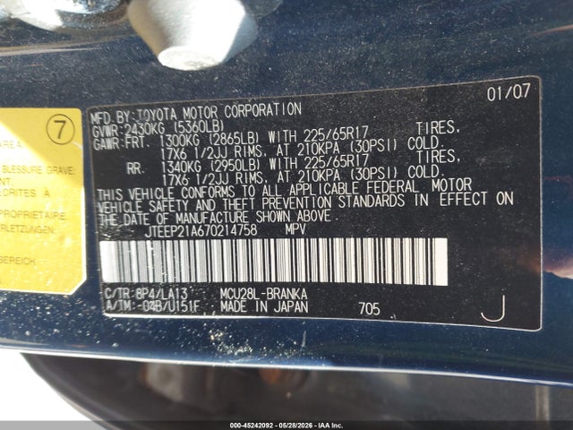 Продаж на аукціоні авто 2007 Toyota Highlander Limited V6, vin: JTEEP21A670214758, номер лоту: 45242092