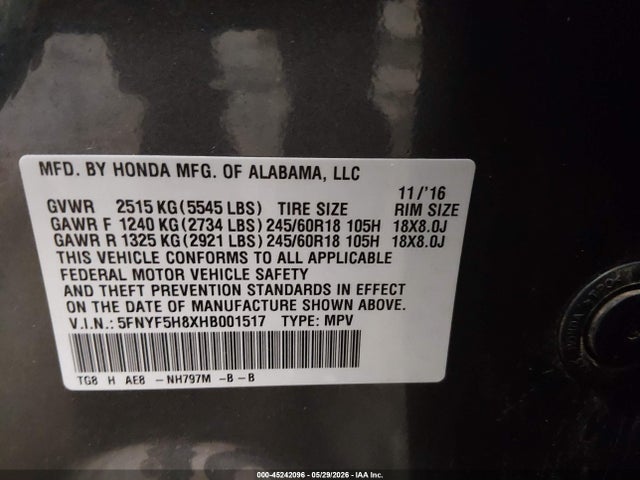 Honda Pilot Ex-l 2017 5FNYF5H8XHB001517 Image 9
