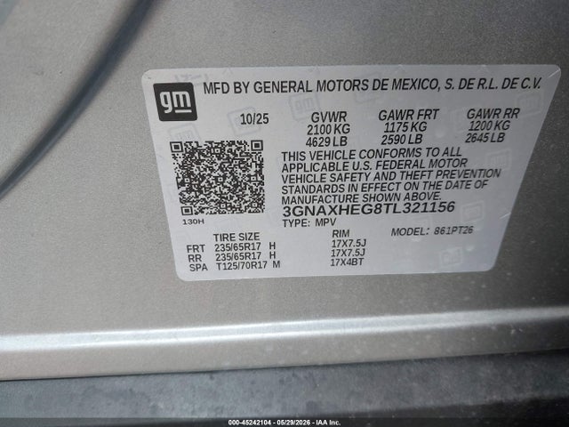 45242104 :رقم المزاد ، 3GNAXHEG8TL321156 vin ، 2026 Chevrolet Equinox Fwd Lt مزاد بيع