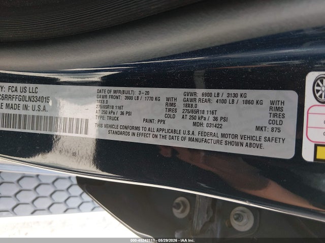 Продажа на аукционе авто 2020 Ram 1500 Big Horn  4x4 5'7 Box, vin: 1C6RRFFG0LN334015, номер лота: 45242111