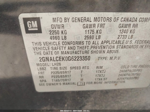 45242113 :رقم المزاد ، 2GNALCEK0G6223350 vin ، 2016 Chevrolet Equinox Lt مزاد بيع